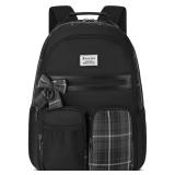 KROSIAS School Backpack for Girls, Cute Kawaii Plaid Kids Bookbag Large 15.6 Inch Laptop Bag for Middle High School College Backpacks for Women Students Teenager, Black