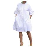 Choichic Button Down Shirt Dresses for Women with Pockets Flare Bell Sleeve A-Line Midi Tunic Dress Large White