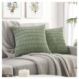 Volcanics Pack of 2 Sage Green Decorative Throw Pillow Covers 18x18 Inch, Soft Corduroy Striped Square Cushion Cases, Modern Farmhouse Boho Home Decor for Spring Couch Bed Sofa Living Room