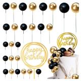 Colorful Balls Cake Topper Pearl Balls Cake Topper Happy Birthday Cake Insert Pick DIY Pile Up Insert for Wedding Birthday Party Baby Shower Cake Decoration (Black and Gold)