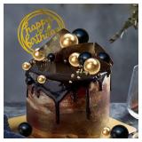 Colorful Balls Cake Topper Pearl Balls Cake Topper Happy Birthday Cake Insert Pick DIY Pile Up Insert for Wedding Birthday Party Baby Shower Cake Decoration (Black and Gold)