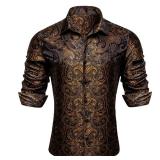 Barry.Wang Black and Gold Men Shirt Silk Paisley Long Sleeve Button Down Dress Shirt Vintage Cowboy Party Casual Western Club XL