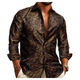 Barry.Wang Black and Gold Men Shirt Silk Paisley Long Sleeve Button Down Dress Shirt Vintage Cowboy Party Casual Western Club XL