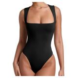 3pk REORIA Womens Sexy Casual Sleeveless Square Neck Tummy Control Thong Bodysuits Tank Tops Sexy Plus Size Black X-Large