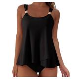SUUKSESS Women Ruffle High Waisted Tankini Swimsuits Slimming Tummy Control Bathing Suits 2 Piece (Black, XL)