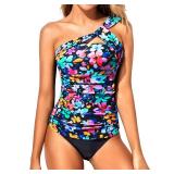 Tempt Me Colorful Floral Two Piece Tankini Bathing Suits for Women One Shoulder Swim Top with Bottom Swimsuits M