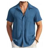 COOFANDY Mens Summer Shirts Short Sleeve Casual Linen Shirts for Men Hawaiian Beach Shirt Dark Blue Small
