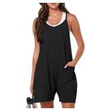 FLORENCE IISA Womens Casual Summer Sleeveless Romper Loose Spaghetti Strap Shorts Overalls Jumpsuit with Pockets(Black,L)