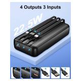 Power-Bank-Portable-Charger 49800mAh Portable Phone Charger Power Bank with 3 Built-in Cable(USB-C, iOS, USB-A), 22.5W Fast Charging LED Display External Battery Pack for iPhone Android Samsung, etc
