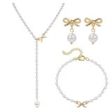 Raicegs Pearl Jewelry Set for Women Wedding Gold Pearl Bow Necklace Bracelet Earrings Set Bride Bridesmaid Dainty Bow Jewelry Gift for Women