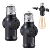 Feekoon 2 Pcs Light Socket to Plug Adapter, Convert E26 Light Socket to 3 Prong Outlet Adapter, Screw in Outlet for Lamp Sockets for Garage Porch (Black)
