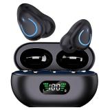 Clip On Earbuds, Wireless Bluetooth 5.3 Lightweight Comfort Bone Conduction Open Ear Headphones with LED Digital Display Charging Case Sport Built-in Mic IPX7 Waterproof for Running Fitness, Black