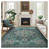 GENIMO 3x5 Area Rugs for Living Room, Machine Washable Non Slip Vintage Rugs, Low Pile Lightweight Chenille Print Rug for Bedroom, Dining Room, Home Office, Dark Green