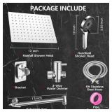 Shower Head,12" High Pressure Shower Combo,Rainfall Shower System with Handheld Spray,All Metal 3-Way Diverter & 6ft Hose,Anti-Clog Nozzles,Easy to Install in Bathrooms-Silver Chrome