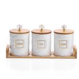 JUXYES Set of 3 Ceramic Canisters Set for Sugar Coffee Tea With Handle Tray, Luxurious Storage Containers Sets with Lids Decorative Storage Pots White Ceramic Storage Jar for Kitchen Dining Counter