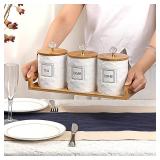 JUXYES Set of 3 Ceramic Canisters Set for Sugar Coffee Tea With Handle Tray, Luxurious Storage Containers Sets with Lids Decorative Storage Pots White Ceramic Storage Jar for Kitchen Dining Counter