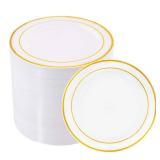 bUCLA 100Pieces Gold Plastic Plates - 6.25inch White with Gold Rim Disposable Salad/Dessert/Appetizer/Small Cake Plates Premium Hard - Ideal for Wedding, Party & Christmas