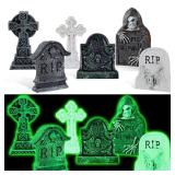 6 Pcs Fluorescent Halloween Miniature Tombstones Mini Village Accessories Resin Halloween Figurines Glow in The Dark Tombstones Ornaments for Fish Tank Cake Decor Landscape DIY Crafts