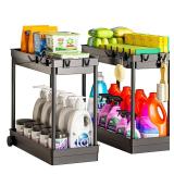 Cicilyna 2 Pack Under Sink Organizer, 2 Tier Bathroom Cabinet Organizers and Storage with Hook, Multi-purpose Storage Basket Shelf for Kitchen, Black