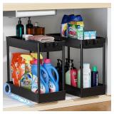 Cicilyna 2 Pack Under Sink Organizer, 2 Tier Bathroom Cabinet Organizers and Storage with Hook, Multi-purpose Storage Basket Shelf for Kitchen, Black