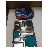 PlanetBox Rover Stainless Steel Bento Box Style Lunch Box Kit for Kids with 5 Compartments, Camo Shark Edition includes Insulated Lunch Bag, Leakproof Food Containers and Matching Magnets