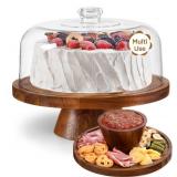 HBlife Cake Stand with Glass Lid (11.4"), Multifunctional Cake Stand with Dome, Acacia Wood 6-in-1 Cake Plate Display Stand with Cover for Baking Gifts, Birthday Kitchen Parties, Weddings
