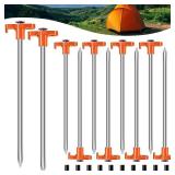 TEOYNGU 10PCS Tent Stakes Heavy Duty Camping Tent Stakes 7Inch Non-Rust Metal Tent Pegs with 10pcs Rubber Protective Sleeve (Orange)