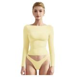 SUUKSESS Women Crew Neck Long Sleeve T Shirts Double Lined Tight Fitted Crop Top (Butter Yellow,S)