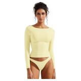 SUUKSESS Women Crew Neck Long Sleeve T Shirts Double Lined Tight Fitted Crop Top (Butter Yellow,S)