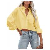 Tankaneo Womens Button Down Cropped Shirts Long Sleeve Casual Crop Tops Solid Lapel Blouse Shirt with Chest Pocket Medium Yellow