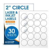 2" Printable Round Labels for Laser and Inkjet Printers - 600 Blank Labels, 30 Sheets for Custom Stickers, Thank You Stickers, Price Tags, and QR Codes - Spartan Industrial Template C004