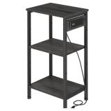 Asgolion Tall End Table with Charging Station, 3 Tier Narrow Beside Table with Adjustable Shelf, Tall Gray Side Table Nightstand for Bedroom, Living Room Coffe Table, Office, Charcoal Grey Tested Powe