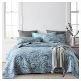 ENASAL Cotton Bedspread Quilt Sets, Reversible Bedding Coverlet Sets Comforter, Floral Paisley Bedspread (Blue, Queen Size)