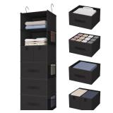 Bosuelife 6-Shelves Hanging Closet Organizer with 5 Different Drawers, Foldable Closet Organizers and Storage for Wardrobe, Closet& RV, Clothes and Accessories Storage, Non-Woven Fabric, Black