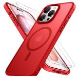 Miracase Magnetic for iPhone 15 Pro Case 6.1 inch (Compatible with MagSafe) with 2X Screen Protectors Military-Grade Protection, Anti-Fingerprint Translucent Matte Phone Cover, Red