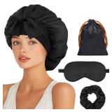 Satin Bonnet Set, Hair Bonnet for Sleeping Silk Bonnet with Eye Mask for Women Curly Hair, Black