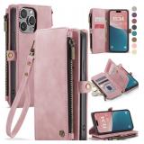 Defencase Compatible with iPhone 12/Pro Case Wallet with RFID Blocking Card Holder for Women Men, PU Leather Magnetic Snap Flip Zipper Strap Wallet Phone Case Fit for iPhone 12 & 12 Pro 6.1, Rose Pink