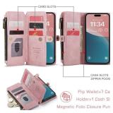 Defencase Compatible with iPhone 12/Pro Case Wallet with RFID Blocking Card Holder for Women Men, PU Leather Magnetic Snap Flip Zipper Strap Wallet Phone Case Fit for iPhone 12 & 12 Pro 6.1, Rose Pink