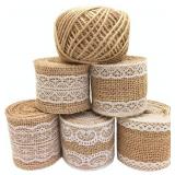 OZXCHIXU 5Pcs Burlap Ribbon Lace Roll with 30 Feet Jute Twine,Burlap Ribbon for Wedding Decorations DIY Handmade Crafts (2.2 yards for each roll)