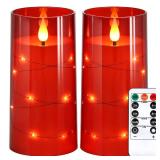 NURADA Flickering Flameless Candles: Built-in Star String Lights Battery Operated LED Pillar Candles with Remote and Timer Romantic Decorations for Wedding Party Christmas Halloween - Red 2 Pack