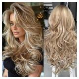 Aisaide Ombre Platinum Brown Highlight Wig with Bangs Long Wavy Layered Wig with Curtain Bangs for White Black Women,Synthetic Ombre Light Brown Layered Long Wavy Shaggy for Women 24inch