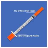 0.5ml Syringe with Needle,31G 0.5cc 5/16 Inch 8mm Needle and Syringe,Individually Wrapped,Pack of 30