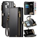 Defencase Compatible with iPhone 14 Case Wallet with RFID Blocking Card Holder for Women and Men, Fashion PU Leather Magnetic Snap Flip Zipper Strap Wallet Phone Case Fit for iPhone 14 6.1", Black