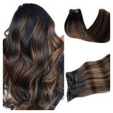 Real Human Hair Clip in Extensions, 14 Inch 70g 5pcs Balayage Natural Black to Brown, Long Straight Remy Double Weft Handmade