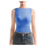 SUUKSESS Women Double Lined Sleeveless Going Out Basic Tank Tops Ruched Summer Casual T Shirts (Blue, Small)