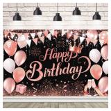 Rose Gold Happy Birthday Banner Birthday Backdrop Decoration Supplies Balloons and Crown Glitter Sequin Backdrop Photography Background Sign for Women and Girls Celebration Party Decor 70.8x43.3 inch