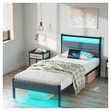 $86 Twin Bed Frame with Charging Station, LED Lights, WHITE/Cream Velvet He