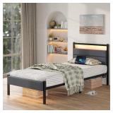 $86 Twin Bed Frame with Charging Station, LED Lights, WHITE/Cream Velvet He