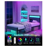 $86 Twin Bed Frame with Charging Station, LED Lights, WHITE/Cream Velvet He