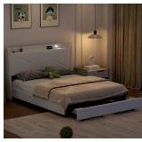 $189 Beige Queen Upholstered Platform Bed with Storage Drawers